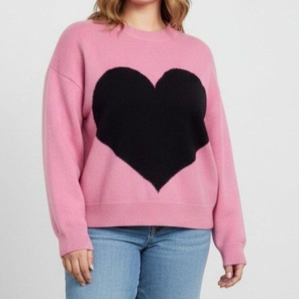 White Birch Pink Crewneck Oversized  Drop Shoulder Heart Sweater, NEW!